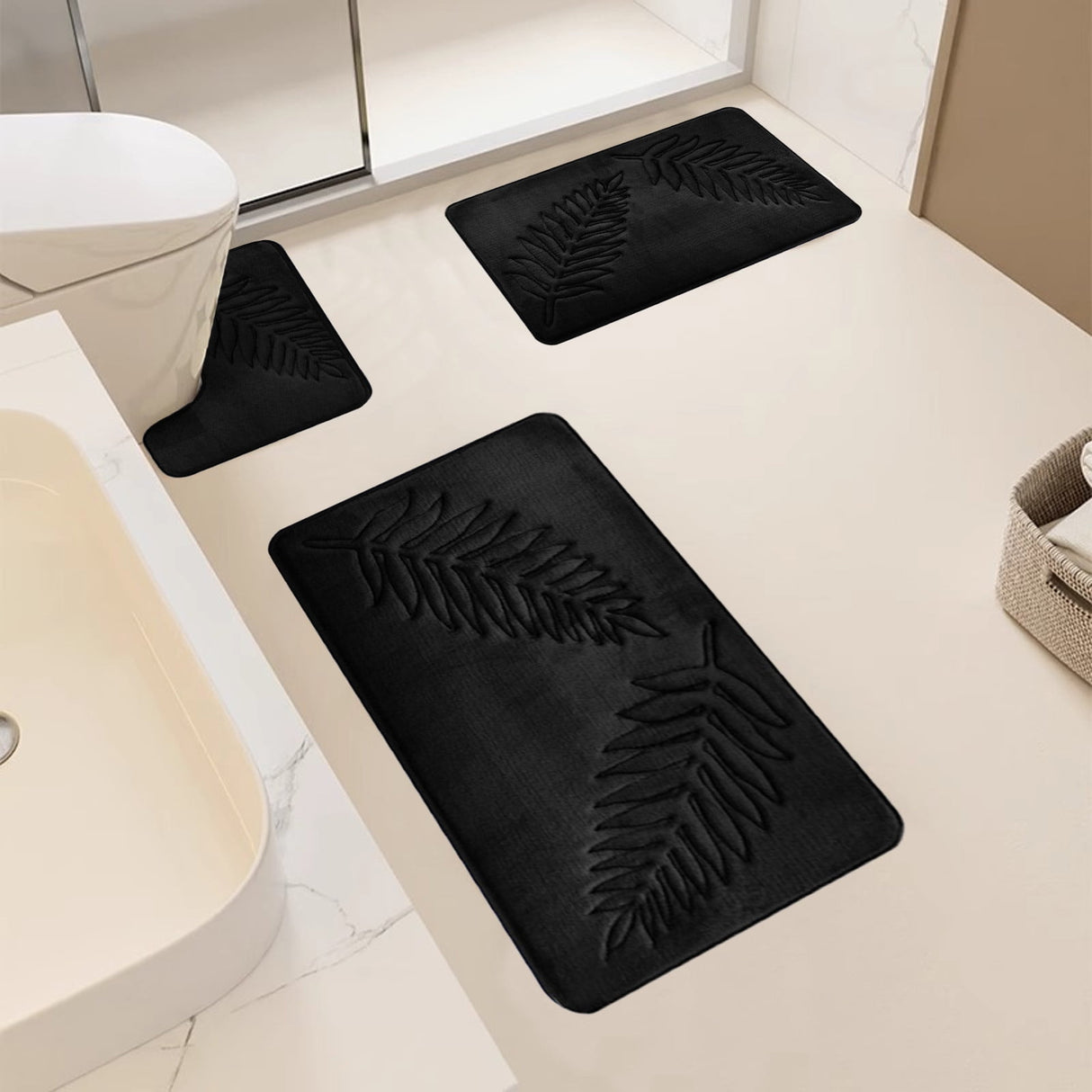 3 Pcs Bathroom Rugs, Leaves Bath Mat Toilet Mats, Soft Comfortable Non-Slip Bathroom Rug Set, Bath Mats for Bathroom, Machine Washable Bath Mat Bathroom Rug Sets, 20x31.5in, Black 3pc Green