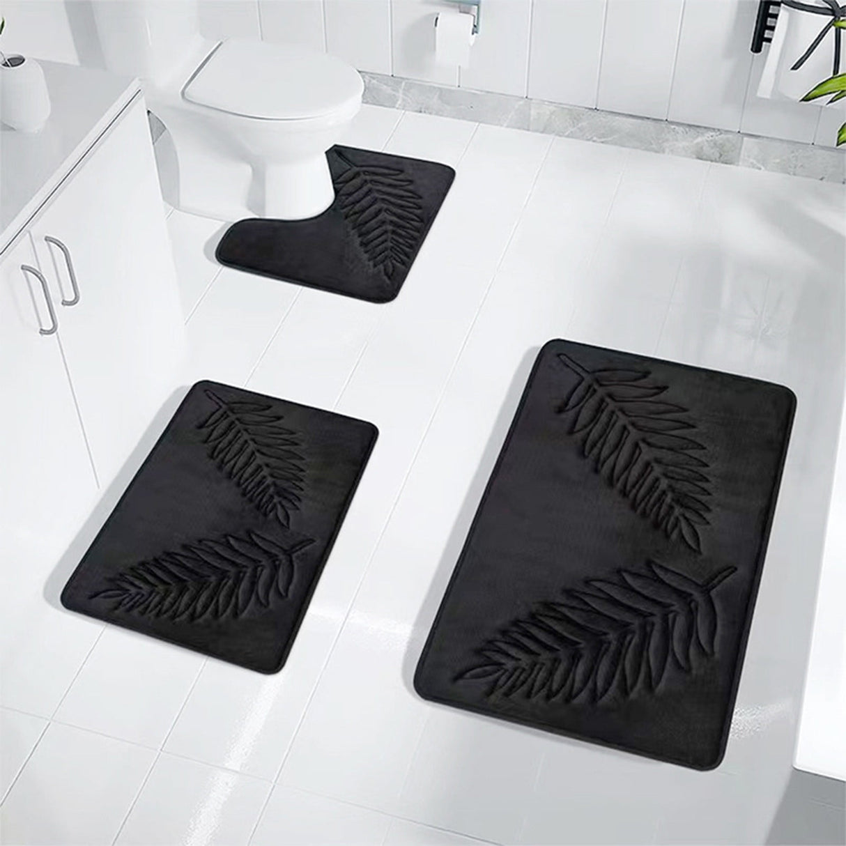 3 Pcs Bathroom Rugs, Leaves Bath Mat Toilet Mats, Soft Comfortable Non-Slip Bathroom Rug Set, Bath Mats for Bathroom, Machine Washable Bath Mat Bathroom Rug Sets, 20x31.5in, Black 3pc Navy