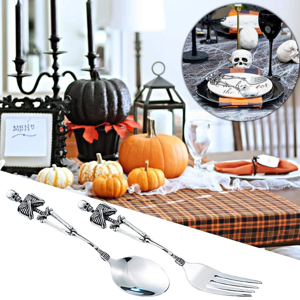 Stainless Steel Skeleton Skull Spoon and Fork Flatware Tableware Gifts for Halloween Easter and Christmas (Spoon) A