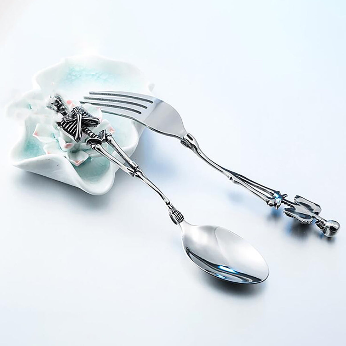Stainless Steel Skeleton Skull Spoon and Fork Flatware Tableware Gifts for Halloween Easter and Christmas (Spoon) A