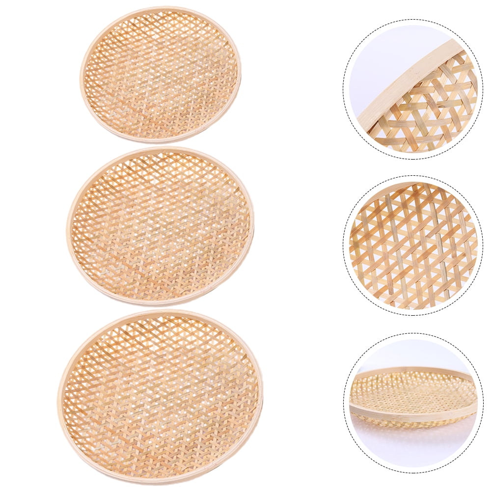 Set of 3 Shallow Baskets with Woven Trays - Multi-Purpose Fruit, Vegetable, Dessert Serving and Wall Decor Traditional Chinese Style