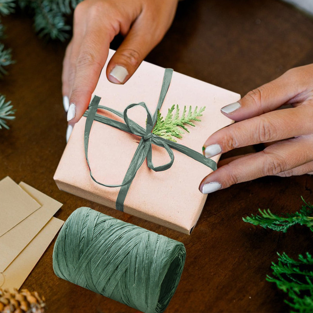 Raffia Ribbon, Christmas Gift Wrapping Raffia Paper String Ribbon Packing Paper Twine for Craft DIY Supply Christmas, 328ft Green
