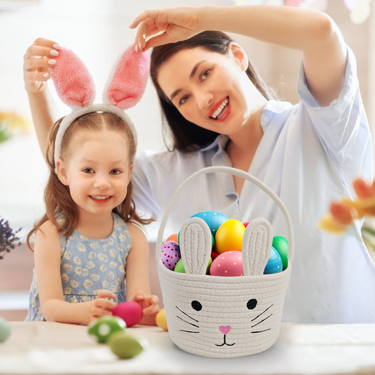 Easter Basket for Boys Girls Easter Bunny Basket with Rabbit Ears, Easter Egg Hunting Basket Easter Baskets for Kids Babies First Easter Gifts A