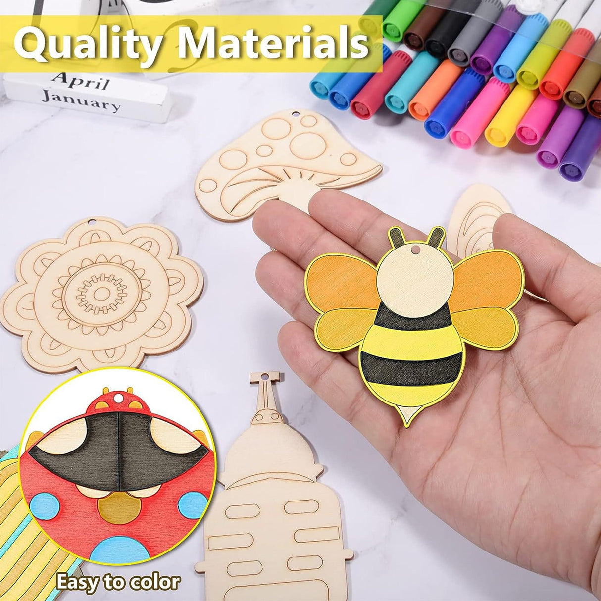 60Pcs Wood Cutouts Ornaments for Crafts Butterfly Flower Unfinished Wooden Slices DIY Paint Crafts Blank Hanging Embellishment for Painting Spring Holiday Party Supplies Beige