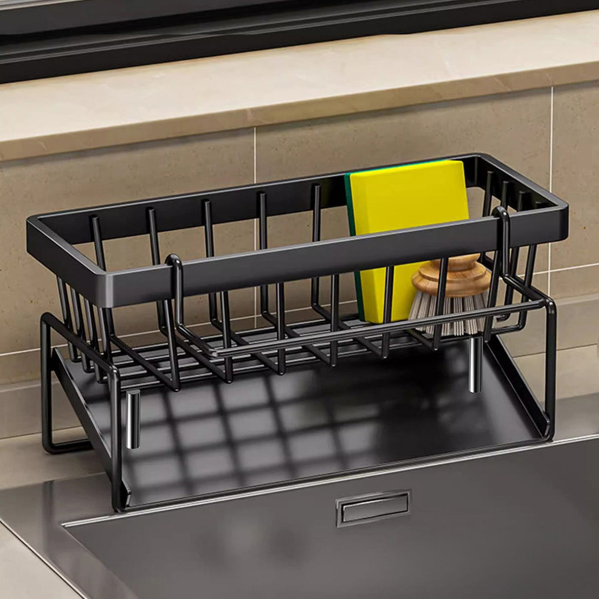 Sponge Holder for Kitchen Sink, Auto Draining Kitchen Sink Caddy, Rustproof Steel Dish Sponge Organizer with Removable Dishcloth Rack, Soap Dispenser Brush Holder X-Black