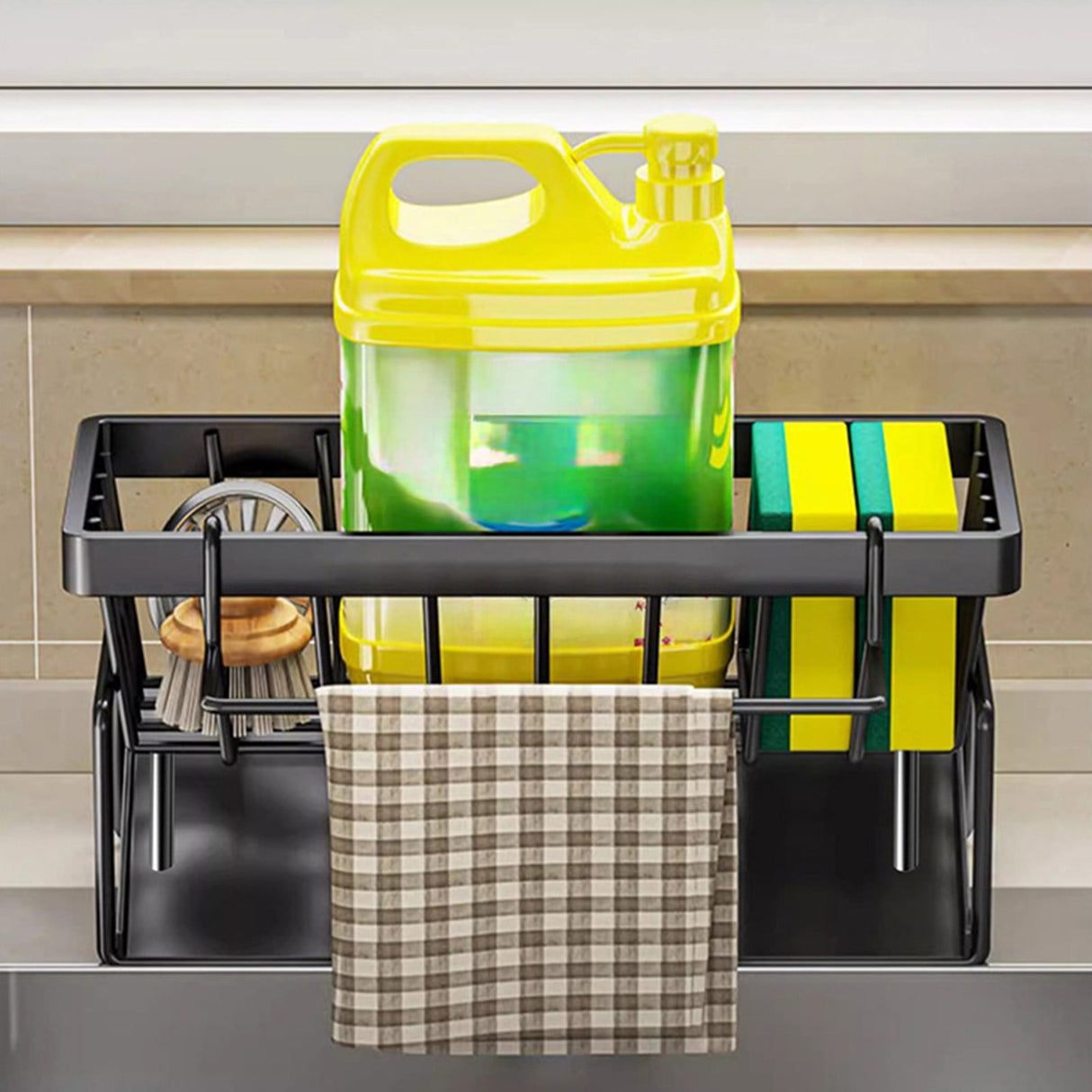Sponge Holder for Kitchen Sink, Auto Draining Kitchen Sink Caddy, Rustproof Steel Dish Sponge Organizer with Removable Dishcloth Rack, Soap Dispenser Brush Holder X-Black