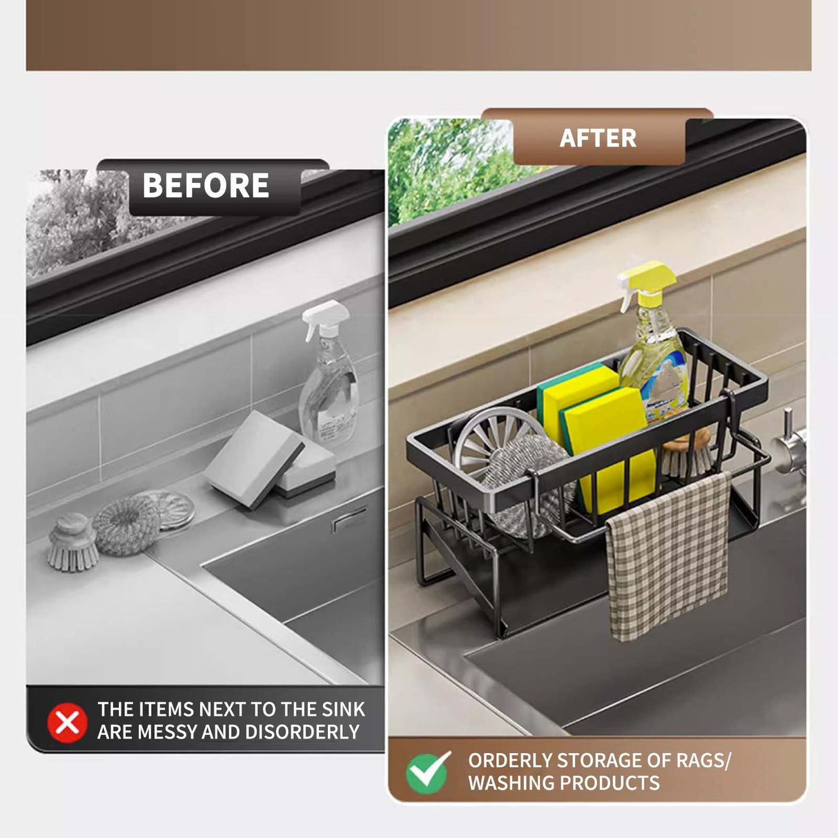 Sponge Holder for Kitchen Sink, Auto Draining Kitchen Sink Caddy, Rustproof Steel Dish Sponge Organizer with Removable Dishcloth Rack, Soap Dispenser Brush Holder X-Gray