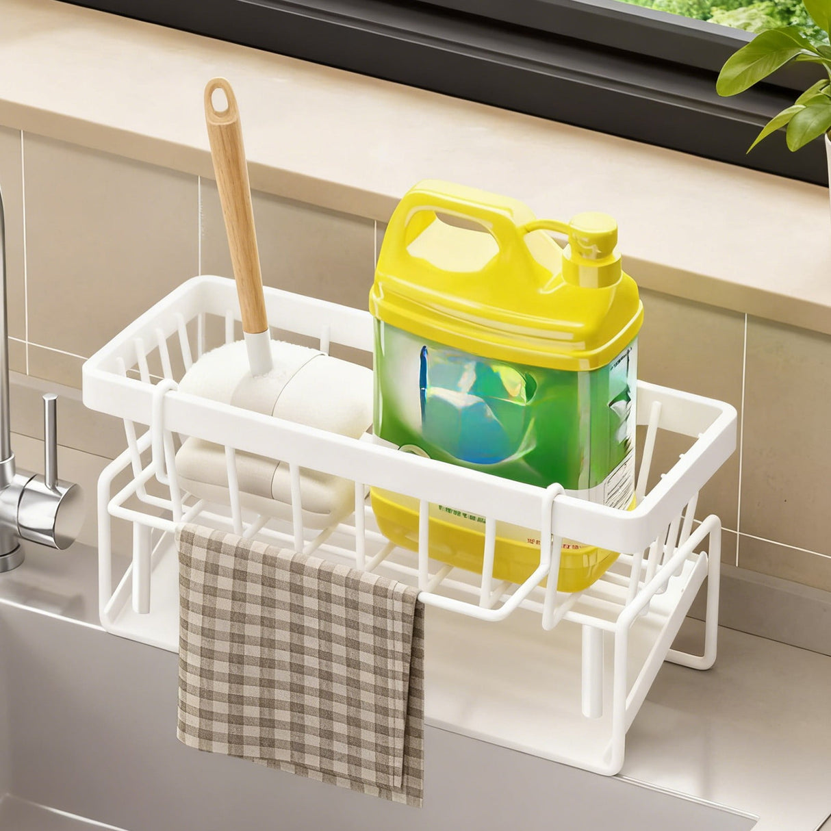 Sponge Holder for Kitchen Sink, Auto Draining Kitchen Sink Caddy, Rustproof Steel Dish Sponge Organizer with Removable Dishcloth Rack, Soap Dispenser Brush Holder X-White