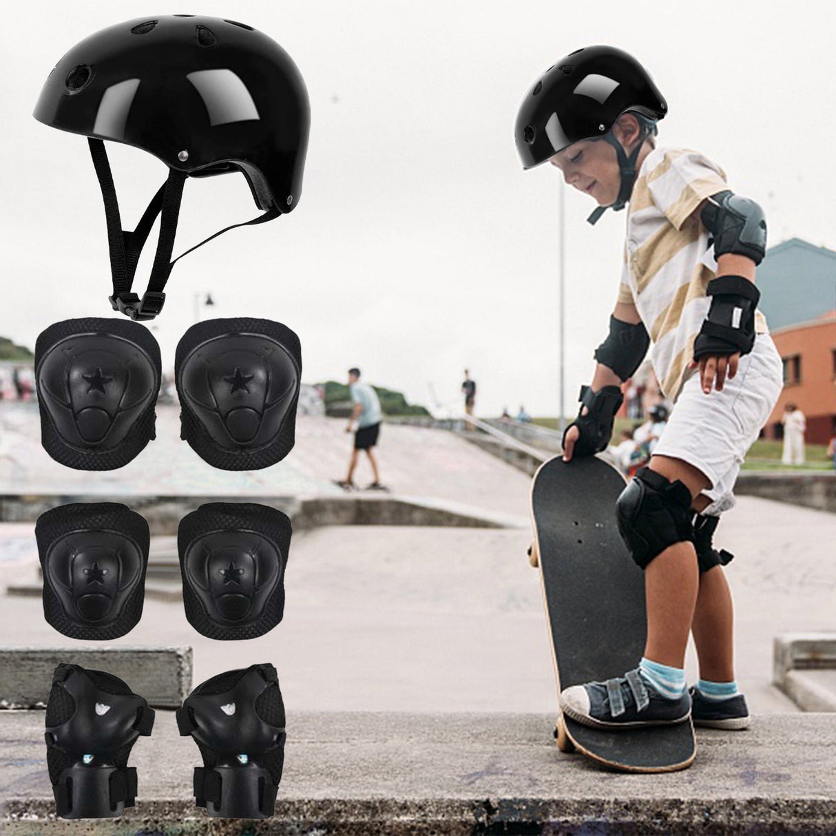 Kids Helmet Knee Elbow Pads Wrist Guard Sport Protective Gear Adjustable Scooter Skateboard Roller Bike Skate Cycling Set for Boy Girl Black