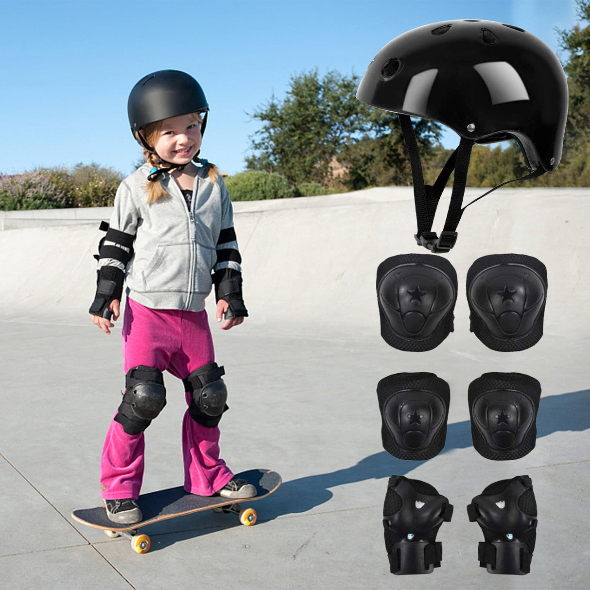 Kids Helmet Knee Elbow Pads Wrist Guard Sport Protective Gear Adjustable Scooter Skateboard Roller Bike Skate Cycling Set for Boy Girl Black