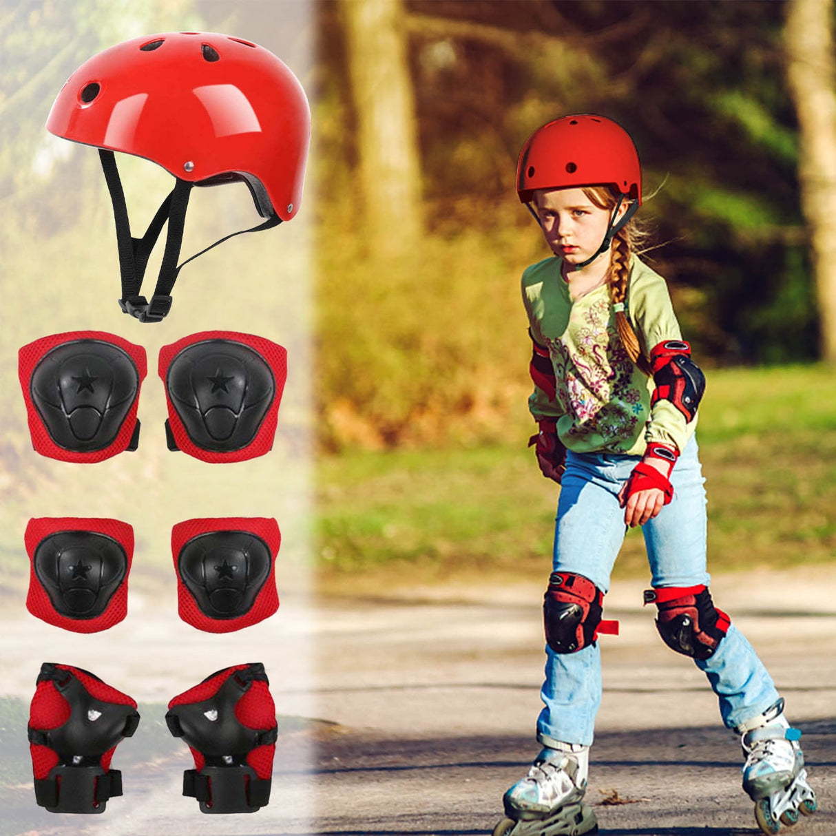 Kids Helmet Knee Elbow Pads Wrist Guard Sport Protective Gear Adjustable Scooter Skateboard Roller Bike Skate Cycling Set for Boy Girl Red