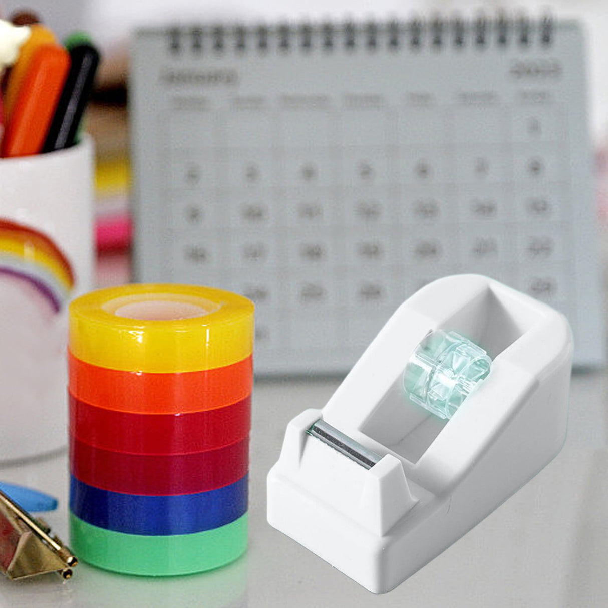 Desktop Tape Dispenser Adhesive Roll Holder Desk Accessories Home Office Tape Dispensers, Weighted Non-Skid Base White