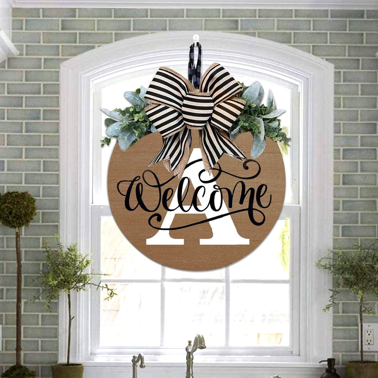 Initial Last Name Year Round Front Door Wreath, Welcome Sign Garland with Bow & Eucalyptus, Personalized Creative 26 Letter Farmhouse Wreath for All Seasons A