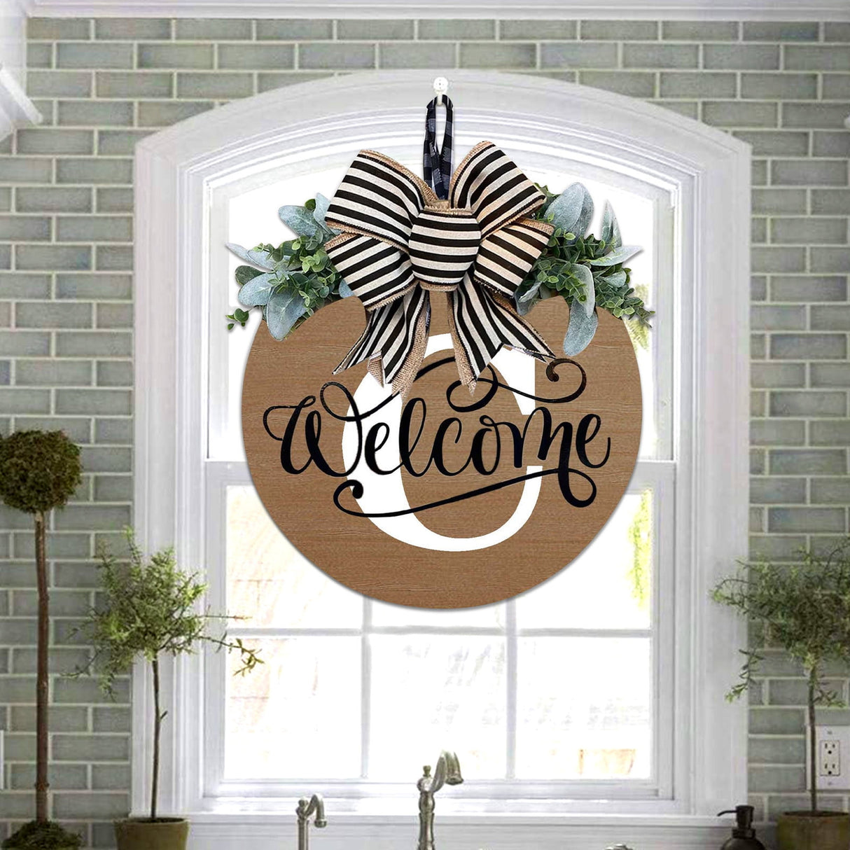 Initial Last Name Year Round Front Door Wreath, Welcome Sign Garland with Bow & Eucalyptus, Personalized Creative 26 Letter Farmhouse Wreath for All Seasons C