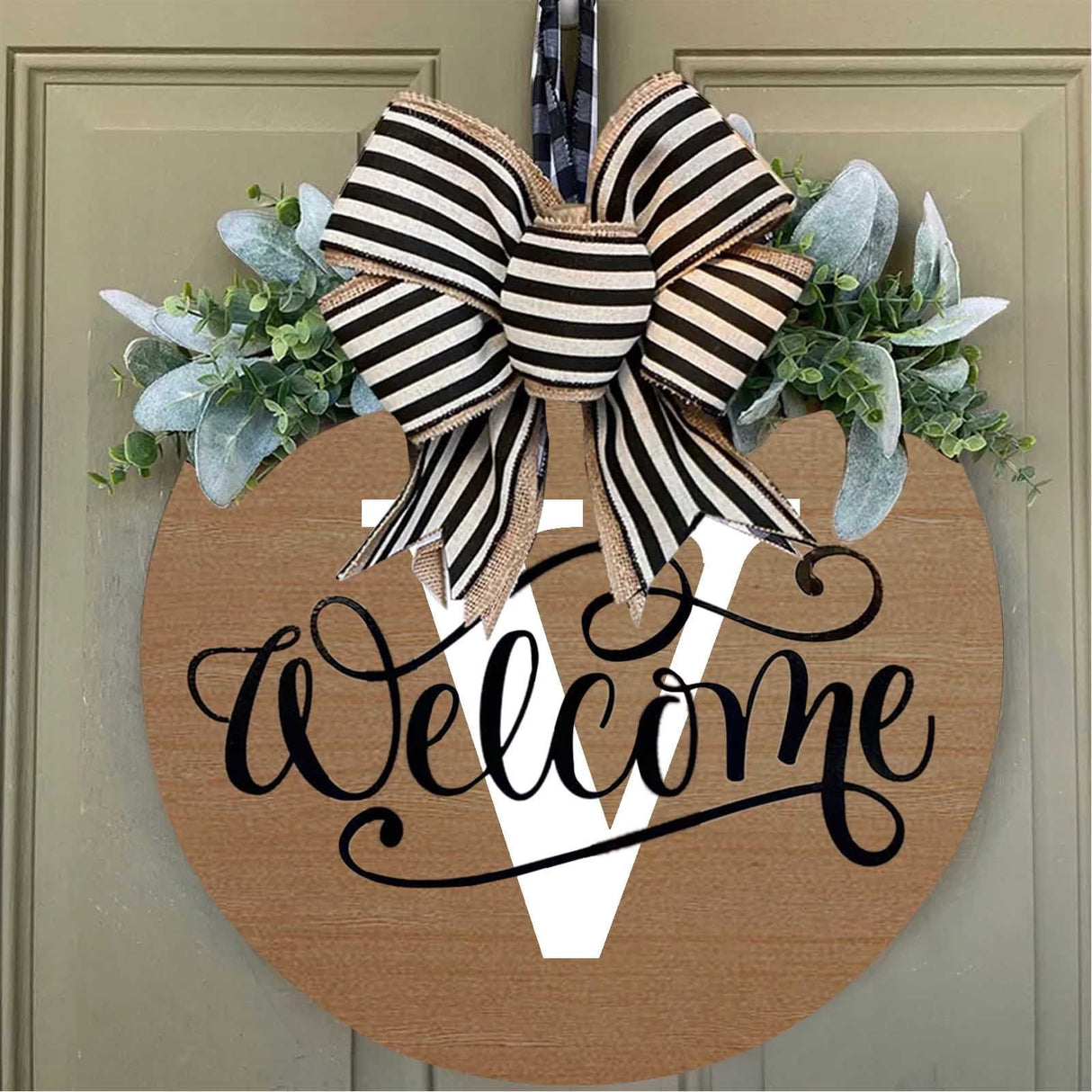 Initial Last Name Year Round Front Door Wreath, Welcome Sign Garland with Bow & Eucalyptus, Personalized Creative 26 Letter Farmhouse Wreath for All Seasons V