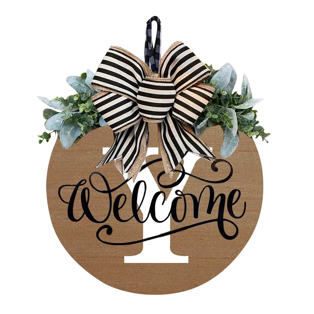 Initial Last Name Year Round Front Door Wreath, Welcome Sign Garland with Bow & Eucalyptus, Personalized Creative 26 Letter Farmhouse Wreath for All Seasons Y