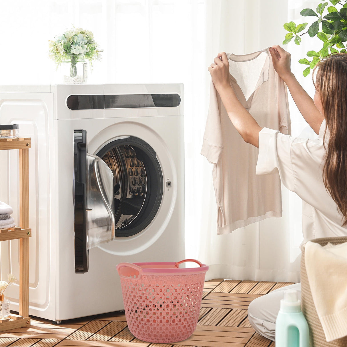 1Pcs Portable Laundry Basket Pink Hollow Laundry Management with Handle PP