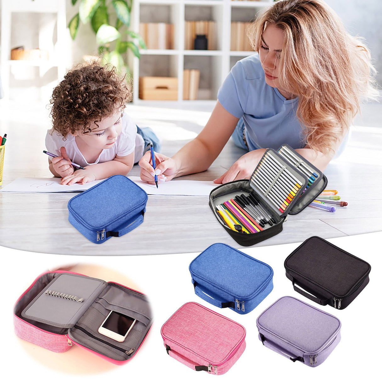 Pencil Case, 72-Slot Art Supply Organizer - Hanging Pencil Case with Ventilated Design, Storage for 72 Pens/Markers/Brushes (Portable) 9.1×5.9×2.8 in Purple