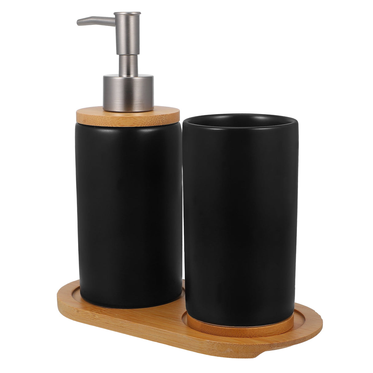 1 Set Black Ceramic Bamboo Bathroom Essentials Toothbrush Holder Soap Dispenser Storage