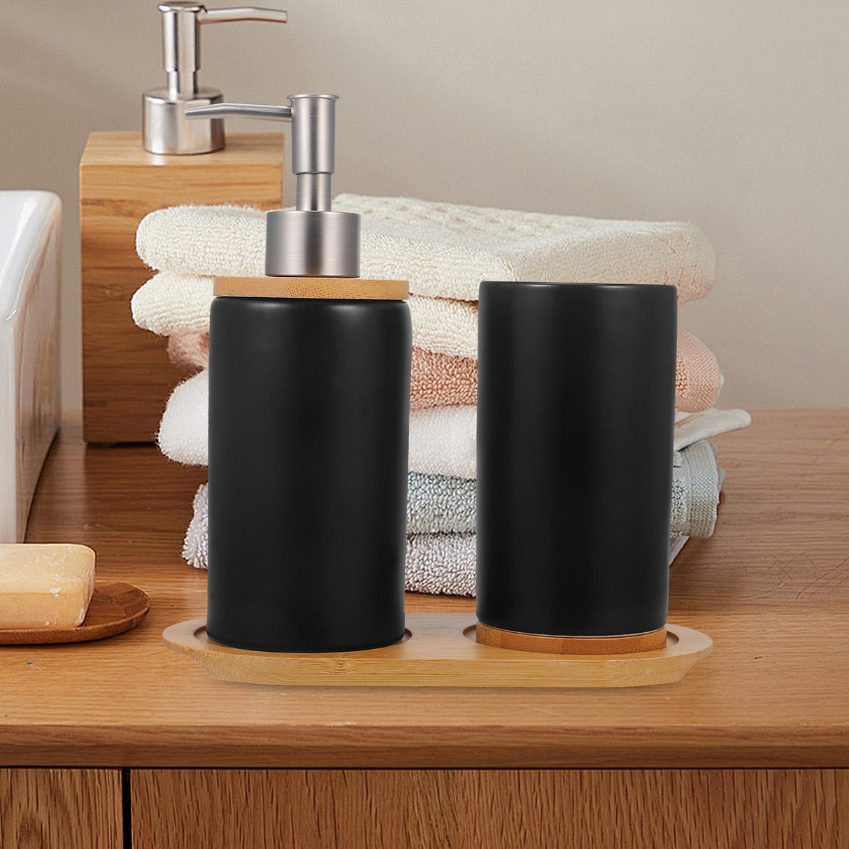 1 Set Black Ceramic Bamboo Bathroom Essentials Toothbrush Holder Soap Dispenser Storage