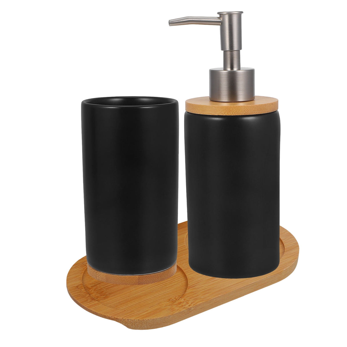 1 Set Black Ceramic Bamboo Bathroom Essentials Toothbrush Holder Soap Dispenser Storage
