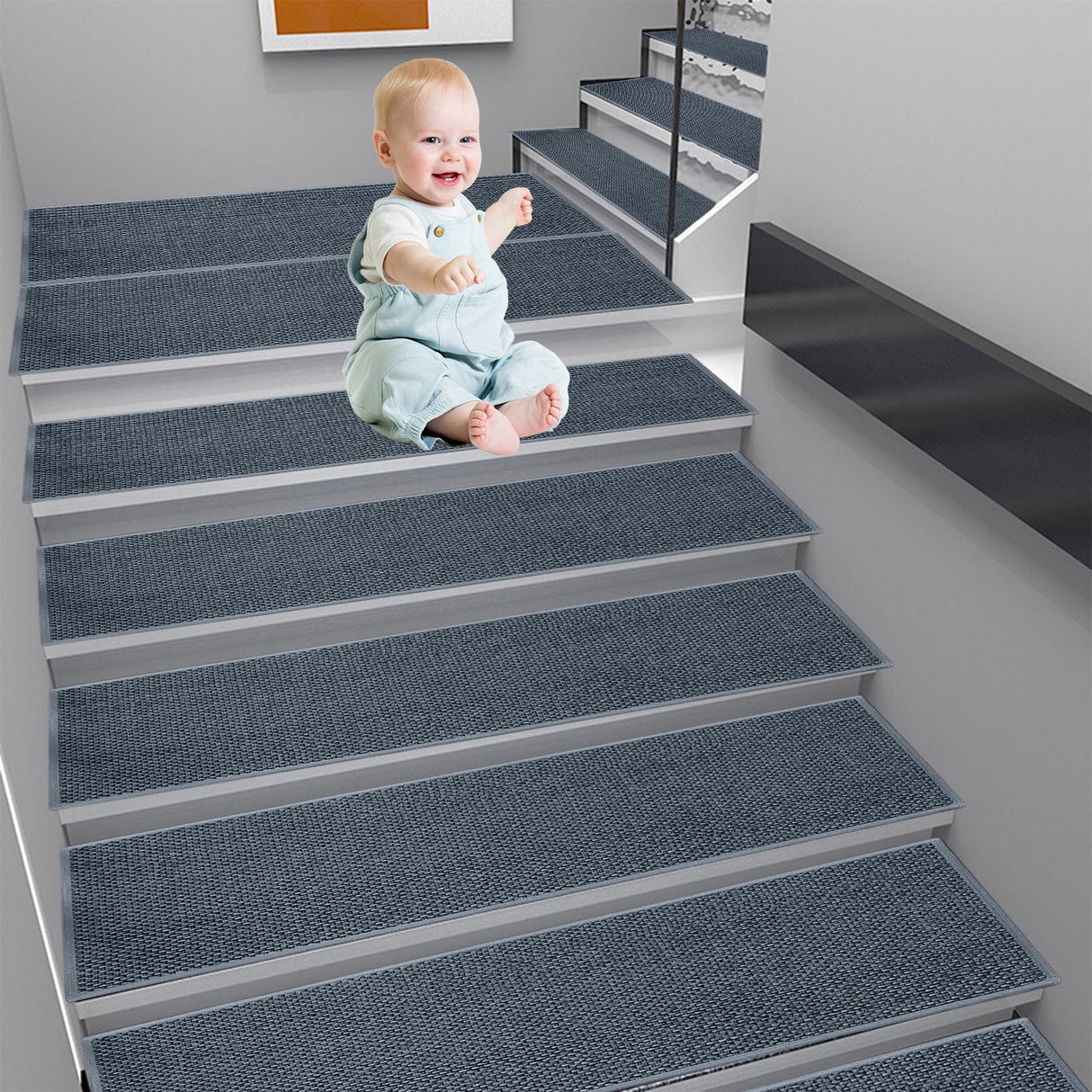 Chmadoxn 4-Piece Non-Slip Stair Treads, Self-Adhesive Striped Carpet Mats, Absorbent & Quiet Step Pads, Can Be Cut to Fit, Washable for Indoor Staircase Safety\u200b\u200b Gray 2