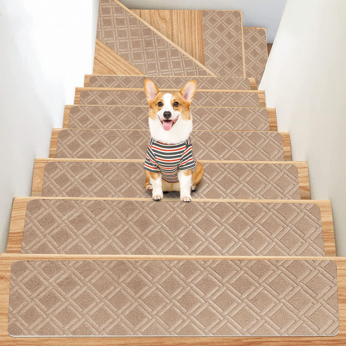Chmadoxn 4-Piece Non-Slip Stair Treads, Self-Adhesive Striped Carpet Mats, Absorbent & Quiet Step Pads, Can Be Cut to Fit, Washable for Indoor Staircase Safety\u200b\u200b Khaki