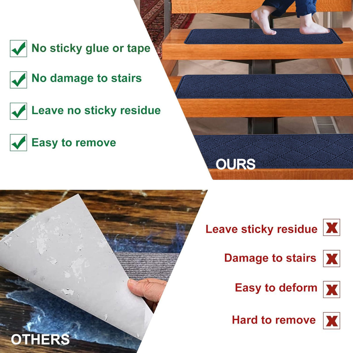 Chmadoxn 4-Piece Non-Slip Stair Treads, Self-Adhesive Striped Carpet Mats, Absorbent & Quiet Step Pads, Can Be Cut to Fit, Washable for Indoor Staircase Safety\u200b\u200b Navy