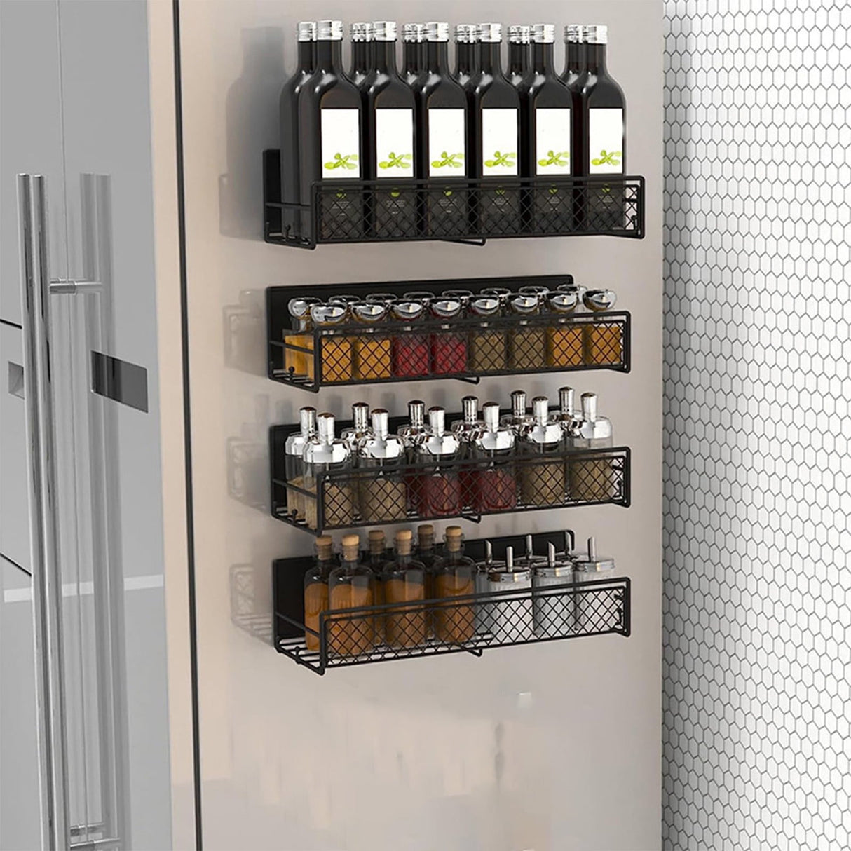 Magnetic Spice Rack Organizer Mesh Design for Refrigerator Oven, Black Storage Rack for Kitchen Spices Condiments, Easy Install Fridge Organizer Black
