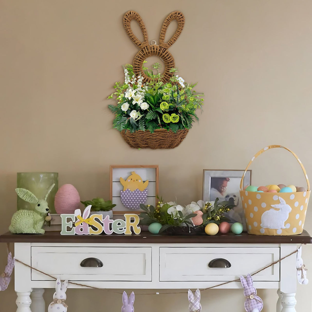 Bunny Basket Hanging Wall Pocket Spring Decor, Hand Woven Wicker Easter Basket, Wicker Easter Baskets Rabbit Statue Spring Wreath for Front Door Brown