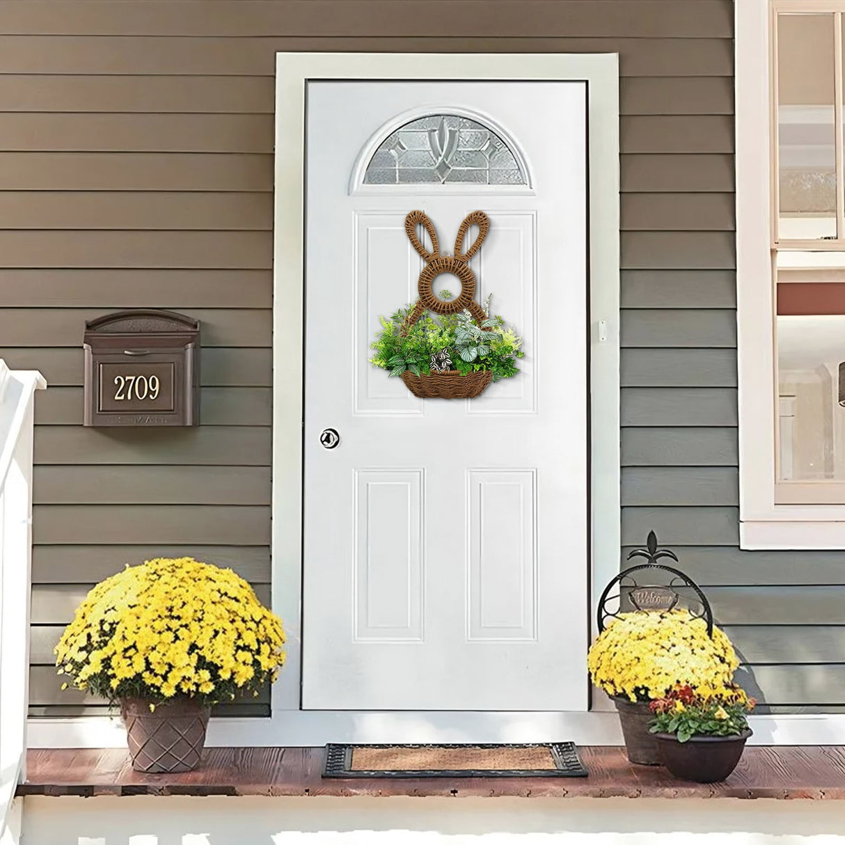 Bunny Basket Hanging Wall Pocket Spring Decor, Hand Woven Wicker Easter Basket, Wicker Easter Baskets Rabbit Statue Spring Wreath for Front Door Brown