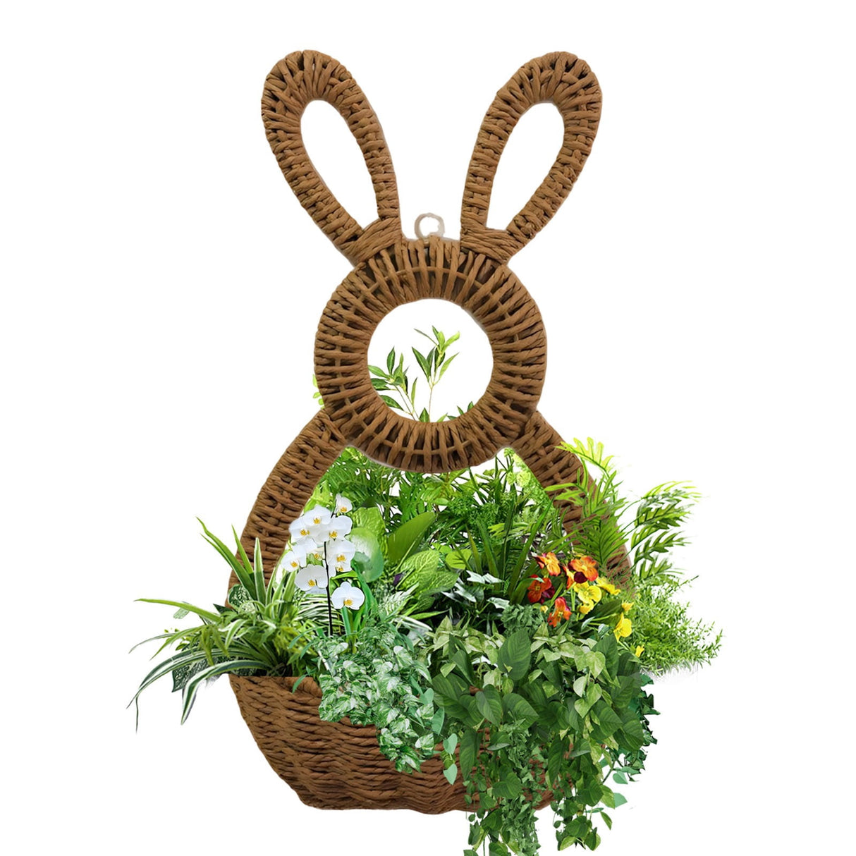 Bunny Basket Hanging Wall Pocket Spring Decor, Hand Woven Wicker Easter Basket, Wicker Easter Baskets Rabbit Statue Spring Wreath for Front Door Brown