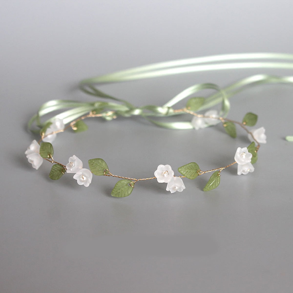 Lily of The Valley Floral Headband Golden Ribbon Design for Brides and Teens