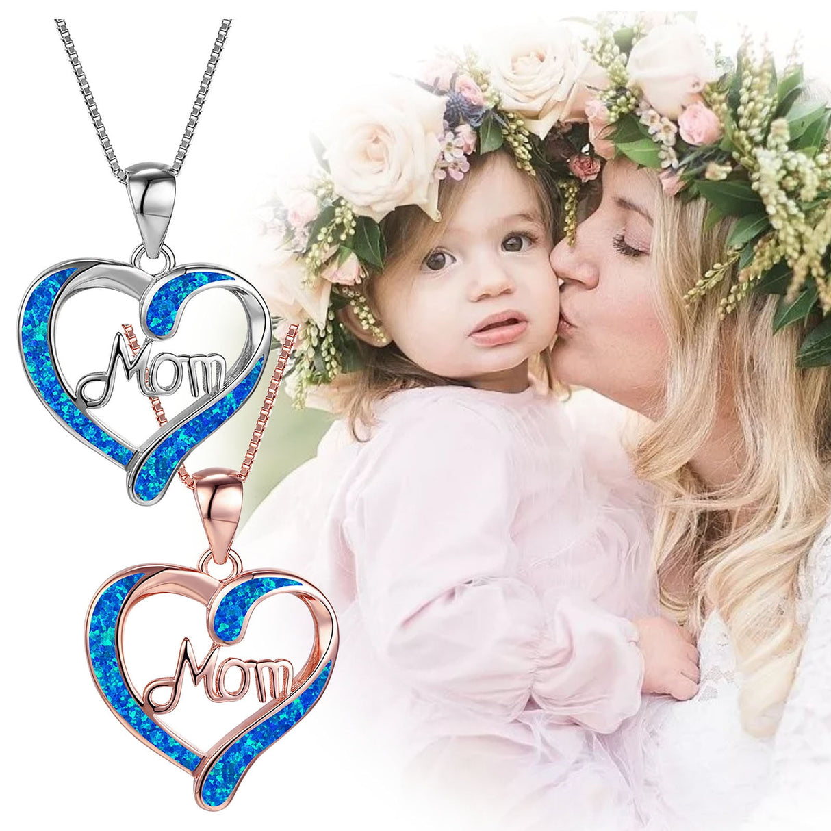 Necklace for Mom 925 Silver Love Heart Pendant Necklace Birthstones Jewelry Blue Sapphire Pearl Simulated and More Stones Jewelry Women Birthday Mother's Day Silver