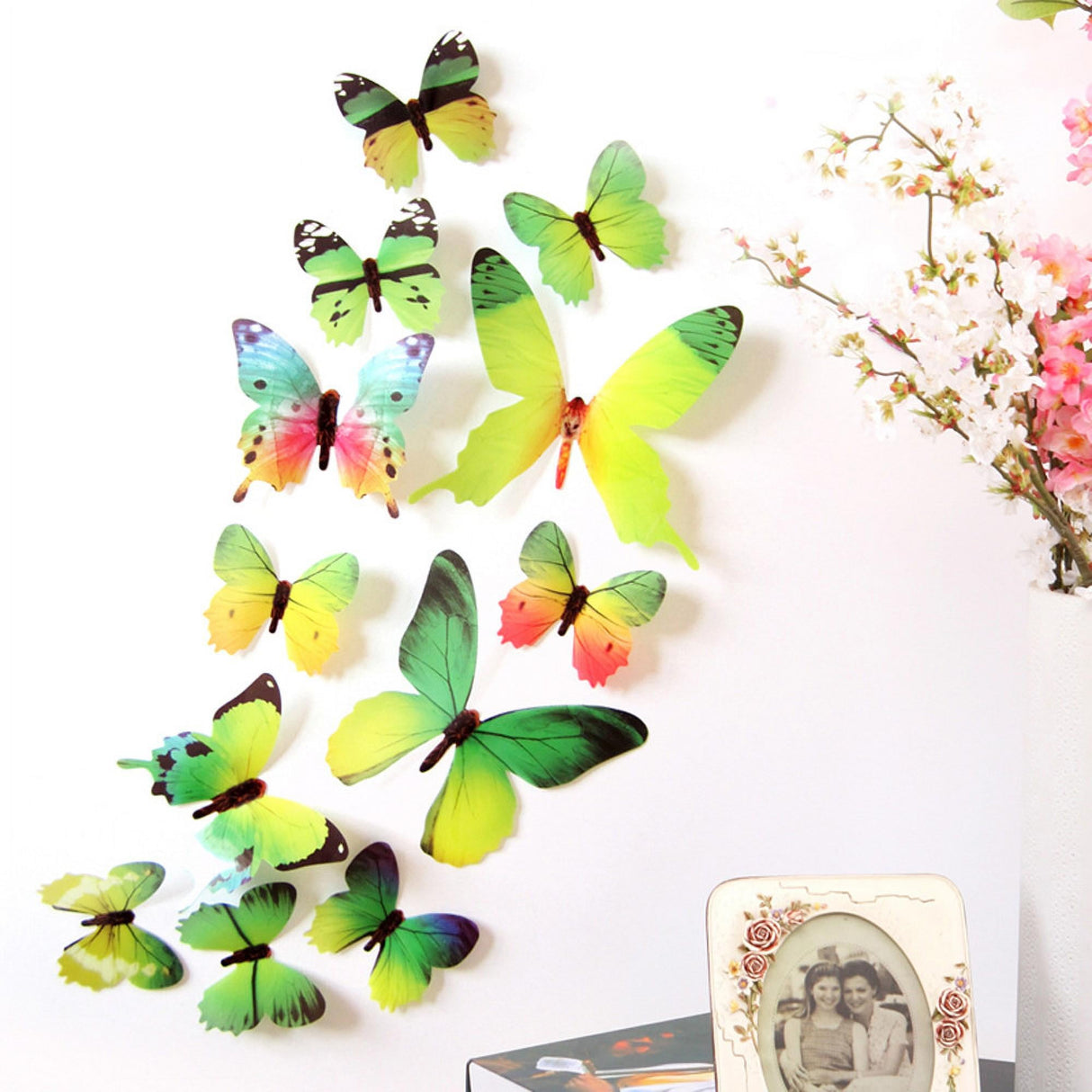 12Pcs Butterfly Wall Decals, 3D Butterfly Wall Stickers Removable DIY Home Decorations Art Decor Wall Stickers Murals for Kids Bedroom Living Room Classroom Office Green