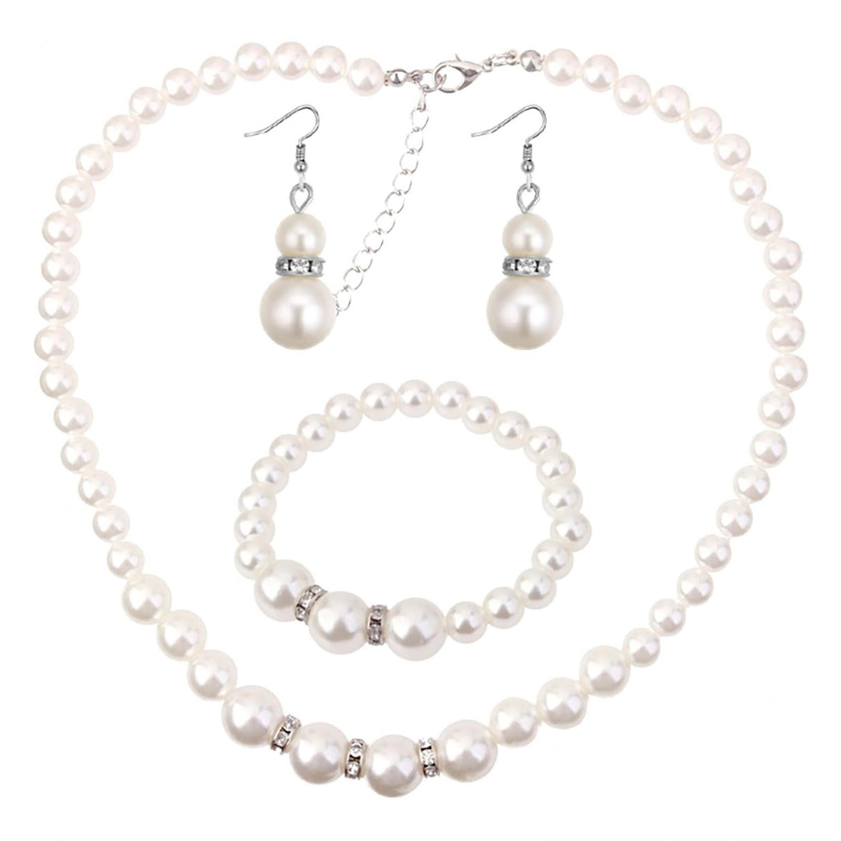 Pearl Necklace and Earring Set Simulated Shell Pearls Round White Silver Pearl Stud Earrings Bracelets Wedding Jewelry Sets for Bride Bridesmaid Women Necklaces for Women Multicolor