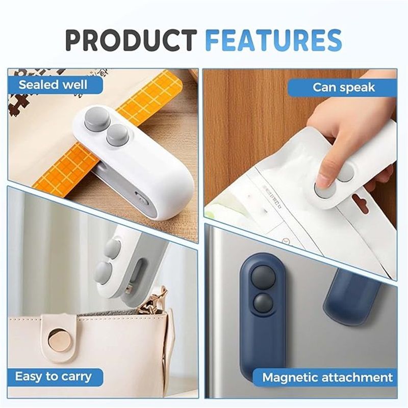 Mini Bag Sealer, USB-C Rechargeable 2 in 1 Heat Seal with Cutter and Magnet, Resealer Machine for Snack Bags (2 pcs, White and Blue)