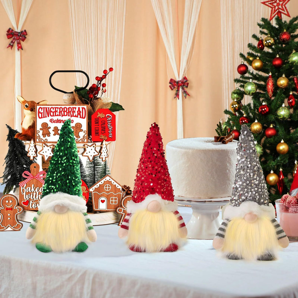 Lighted Christmas Gnome, Handmade Sequins Hat , Light Up Plush Elf Toy Holiday Present, Battery Operated Winter Tabletop Christmas Decorations,3 pcs(red,gray,green)Single size 30 * 16cm