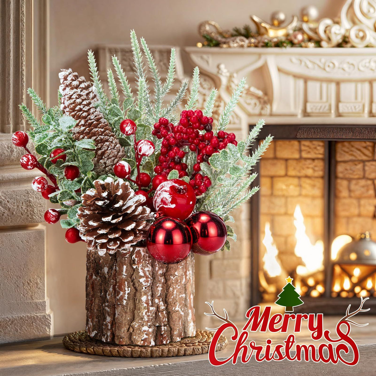 Christmas Decorations Indoor, Christmas Centerpiece Table Decorations, Small Artificial Tabletop/Desk Christmas Tree with Xmas Ornaments Pinecone Berry for Home Farmhouse Décor (35*10cm)