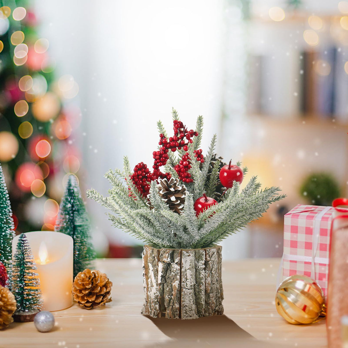Christmas Decorations Indoor, Christmas Centerpiece Table Decorations, Small Artificial Tabletop/Desk Christmas Tree with Xmas Ornaments Pinecone Berry for Home Farmhouse Décor (35*10cm)