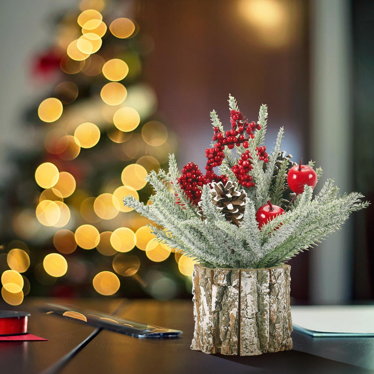 Christmas Decorations Indoor, Christmas Centerpiece Table Decorations, Small Artificial Tabletop/Desk Christmas Tree with Xmas Ornaments Pinecone Berry for Home Farmhouse Décor (35*10cm)