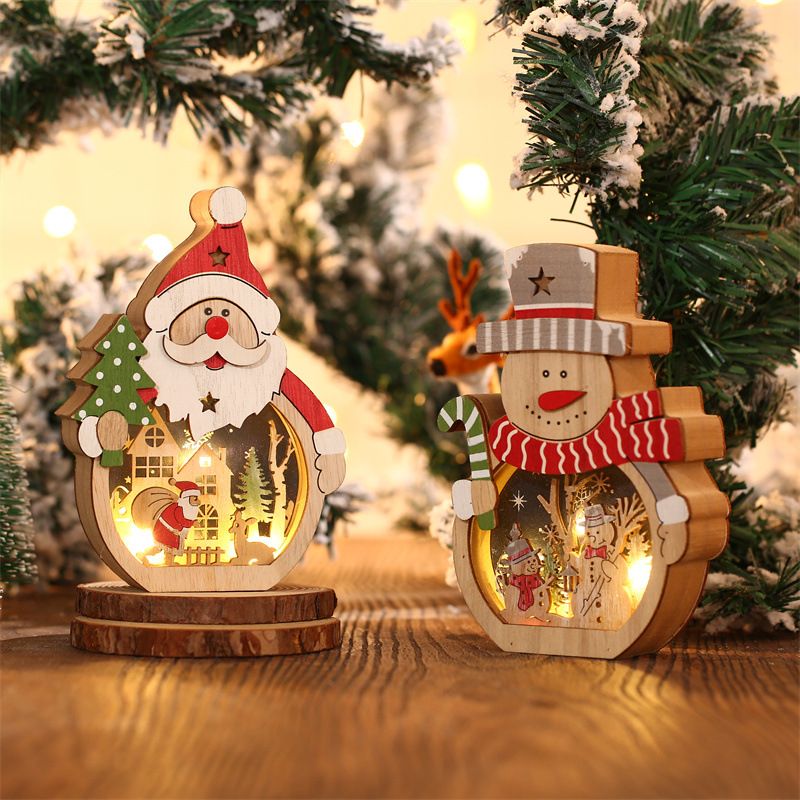 2 Pcs Wooden Christmas Ornaments, Light Wooden Hanging Ornaments Santa Claus Snowman Ornaments for Christmas Tree,16*10.5*3.5cm(The packaging does not include batteries)