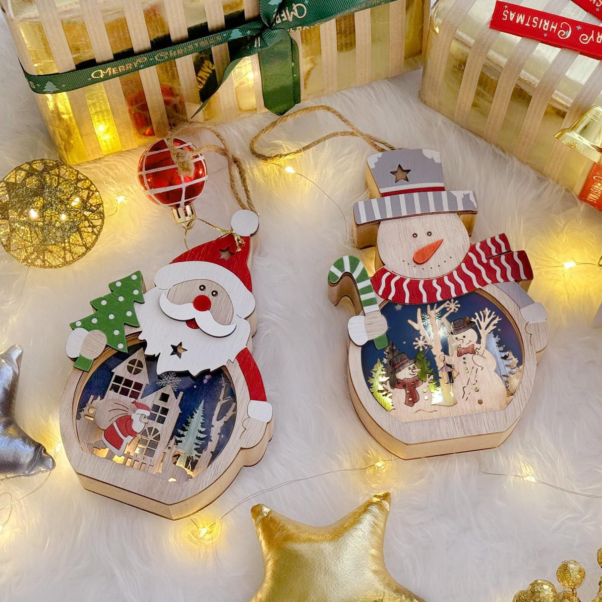 2 Pcs Wooden Christmas Ornaments, Light Wooden Hanging Ornaments Santa Claus Snowman Ornaments for Christmas Tree,16*10.5*3.5cm(The packaging does not include batteries)