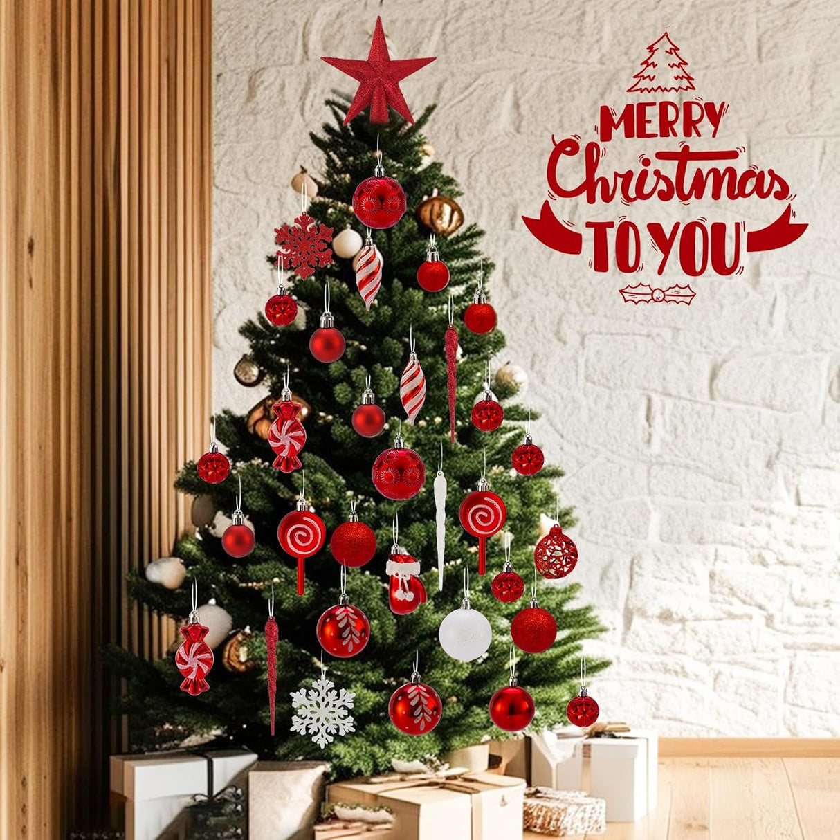 Christmas Tree Ornaments 36 pcs Multi-Size Candy Cane Shatterproof Ball Ornaments Set for Christmas Holiday Wreath & Party Decorations,Red