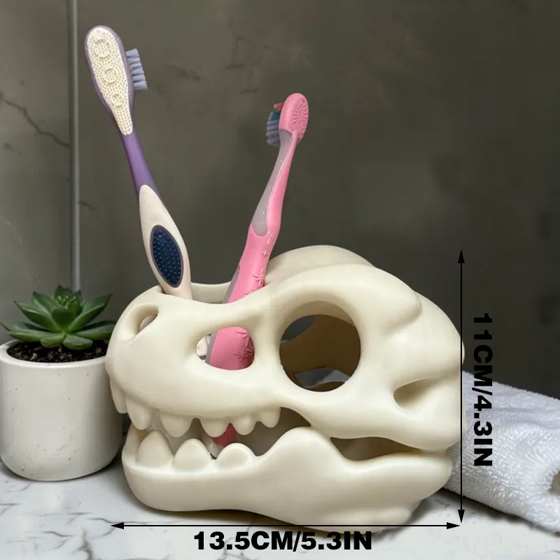 3D-printed dinosaur skull toothbrush holder, white