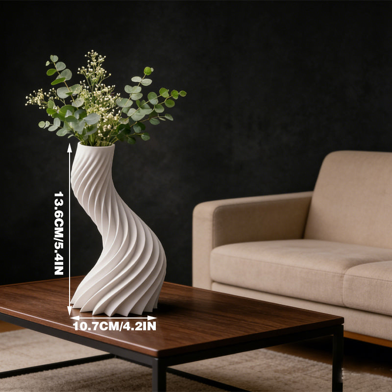 3D-printed spiral striped vase, perfect for small indoor plants, white.