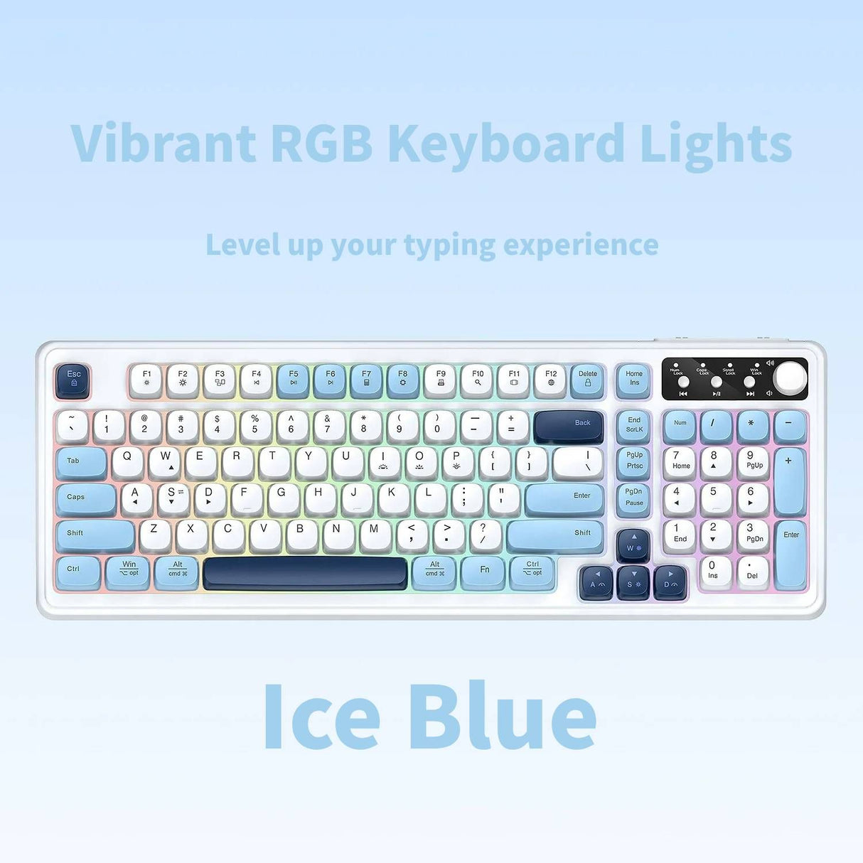 RGB Backlit Wired Mechanical Gaming Keyboard, 104 Keys Full Size Hot Swappable Keyboard with Aluminum Base, Noise Absorbing Foam, Tactile Brown Switch, Programmable Keys & Volume Knob for PC Mac,Ice Blue