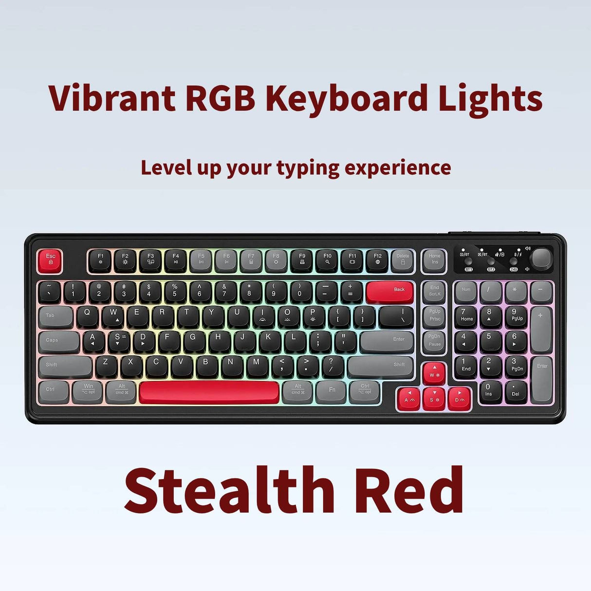 Tri-Mode Wireless Mechanical Keyboard, Bluetooth 5.0/2.4G/USB-C, 96% Layout RGB Backlit Keyboard, Hot Swappable Quiet Switch, Programmable Keys, Multi-Device for PC Mac iOS Android,Stealth Red