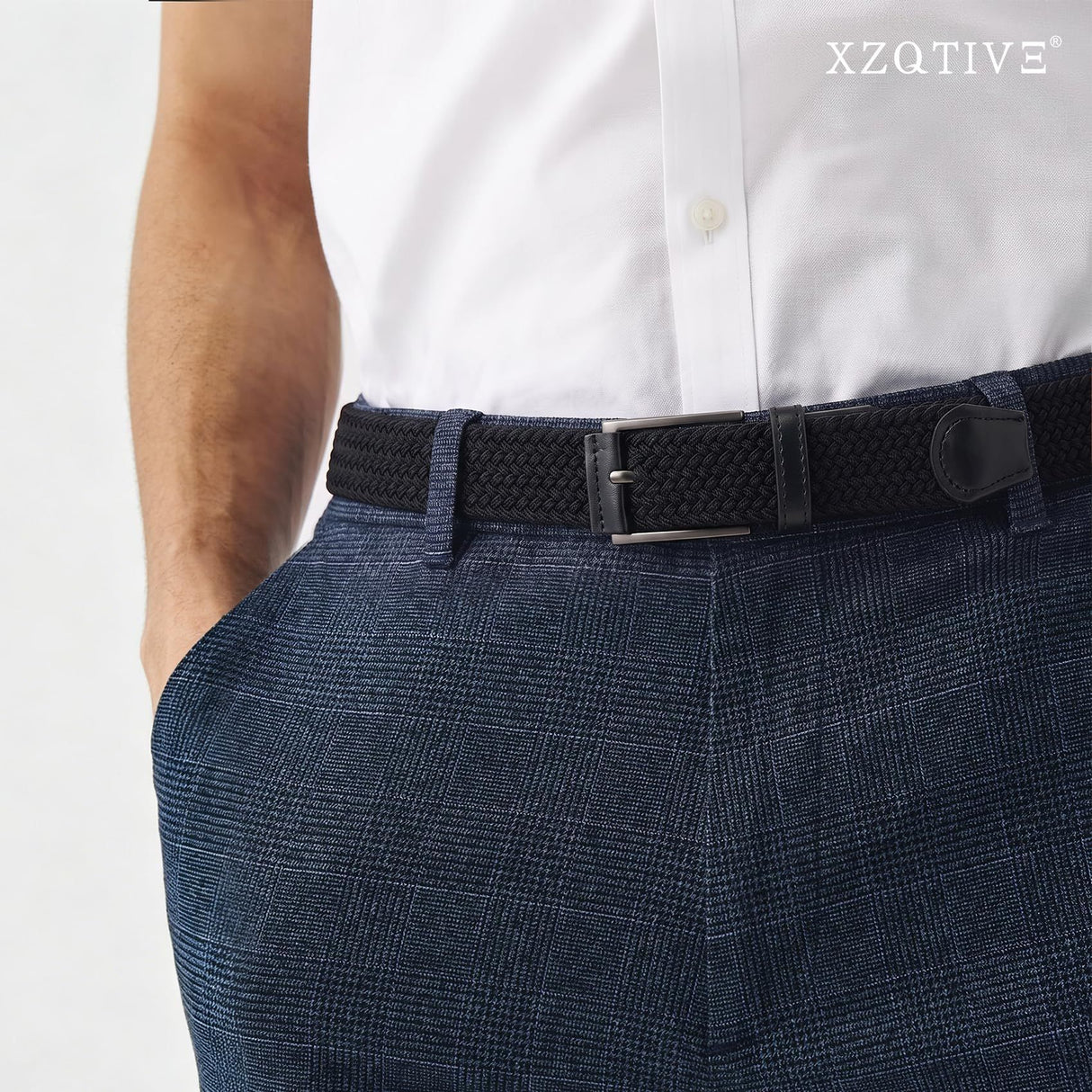 Unisex stretch black woven canvas belt with pin buckle, suitable for jeans, casual pants, shorts and casual wear.