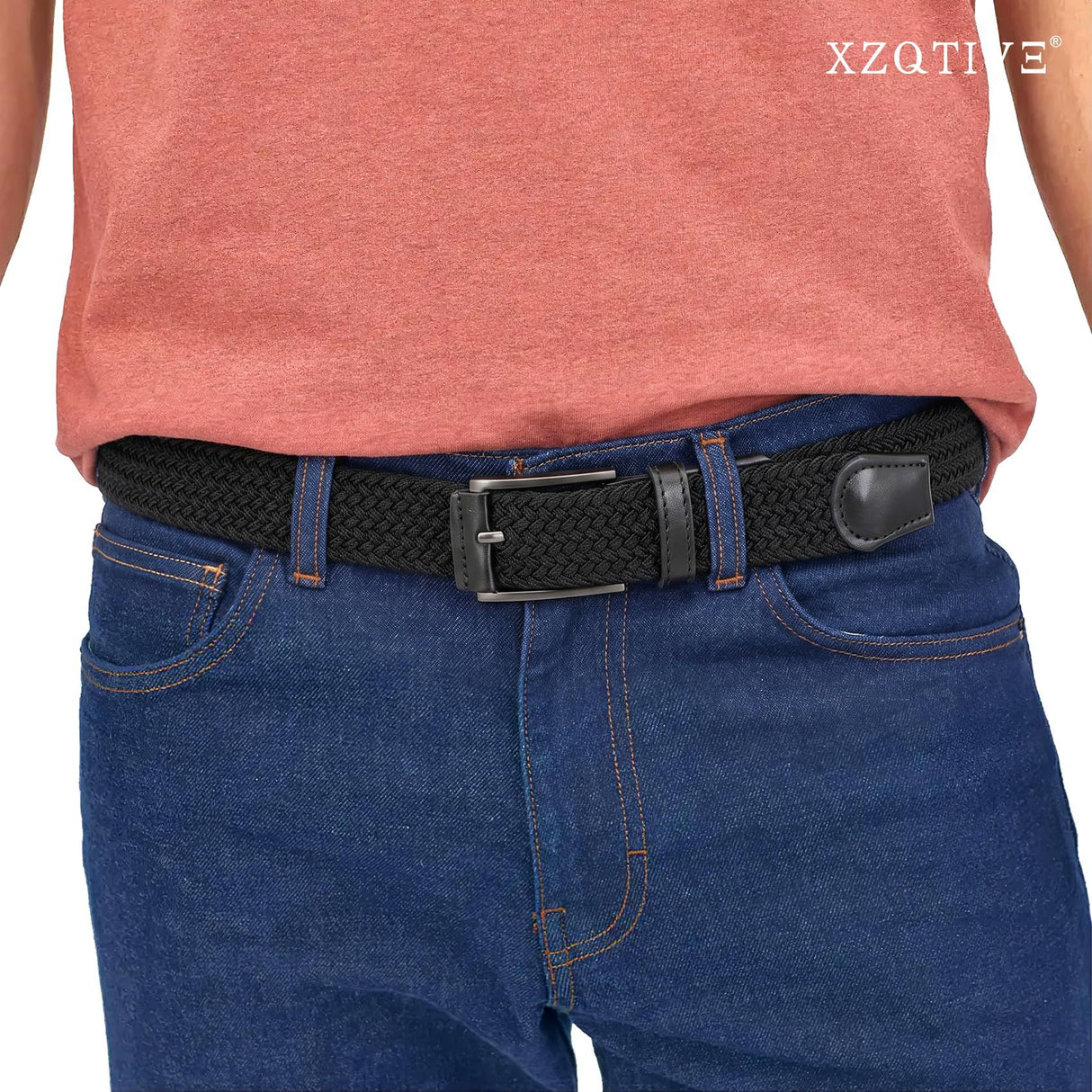 Unisex stretch black woven canvas belt with pin buckle, suitable for jeans, casual pants, shorts and casual wear.